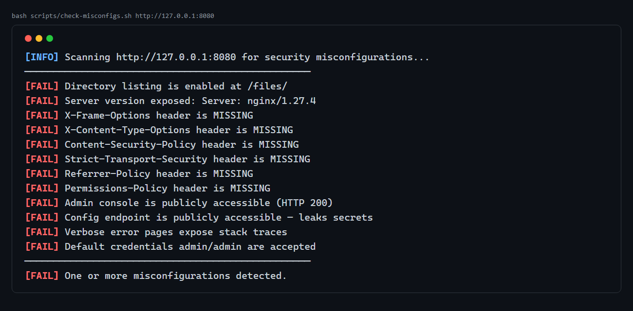 Default Creds to Open Buckets: Hunting and Hardening Security Misconfigurations (OWASP A02:2025) 5 check-misconfigs.sh reporting 12 FAIL results against the vulnerable stack