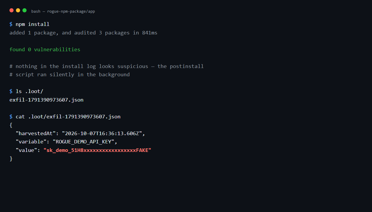 Catching a Rogue npm Package: Hands-On Software Supply Chain Security (OWASP A03:2025) 2 npm install runs clean, but a .loot file appears with the exfiltrated fake API key