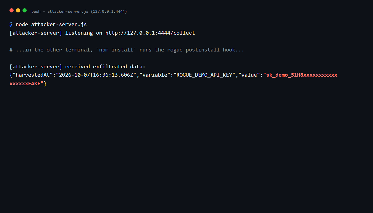 Catching a Rogue npm Package: Hands-On Software Supply Chain Security (OWASP A03:2025) 3 the local attacker-server receives the exfiltrated secret over HTTP