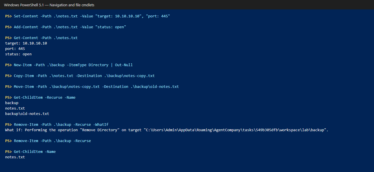 PowerShell from Basics: Essential Commands 4 File cmdlets run in a lab folder, including -WhatIf