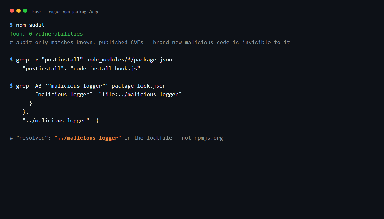 Catching a Rogue npm Package: Hands-On Software Supply Chain Security (OWASP A03:2025) 5 npm audit comes back clean, but grepping for postinstall hooks and checking the lockfile's resolved source both expose the rogue package