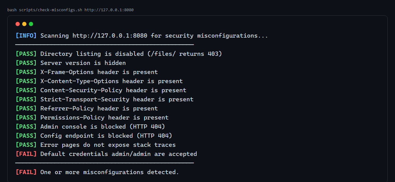 Default Creds to Open Buckets: Hunting and Hardening Security Misconfigurations (OWASP A02:2025) 6 check-misconfigs.sh reporting 11 PASS and one remaining FAIL against the hardened stack