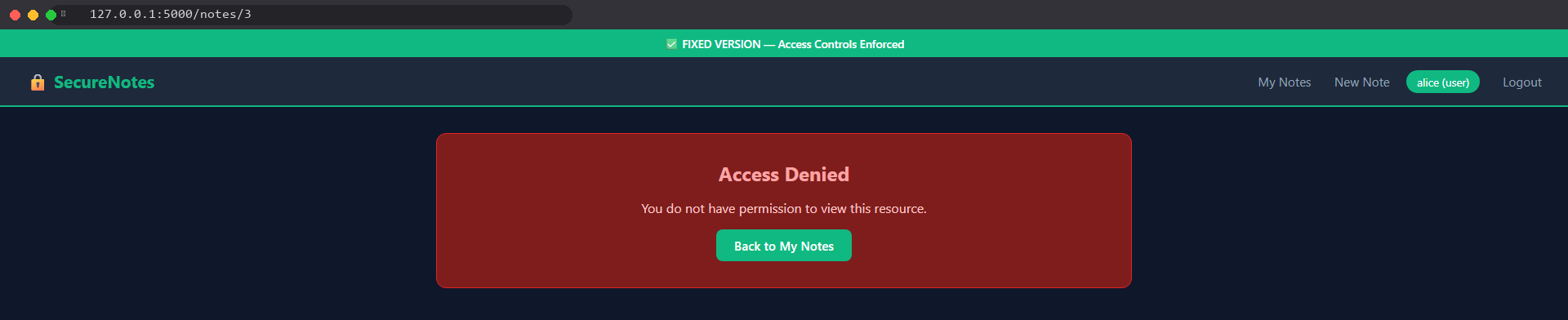 Fixed version — access denied when alice tries to view bob's note
