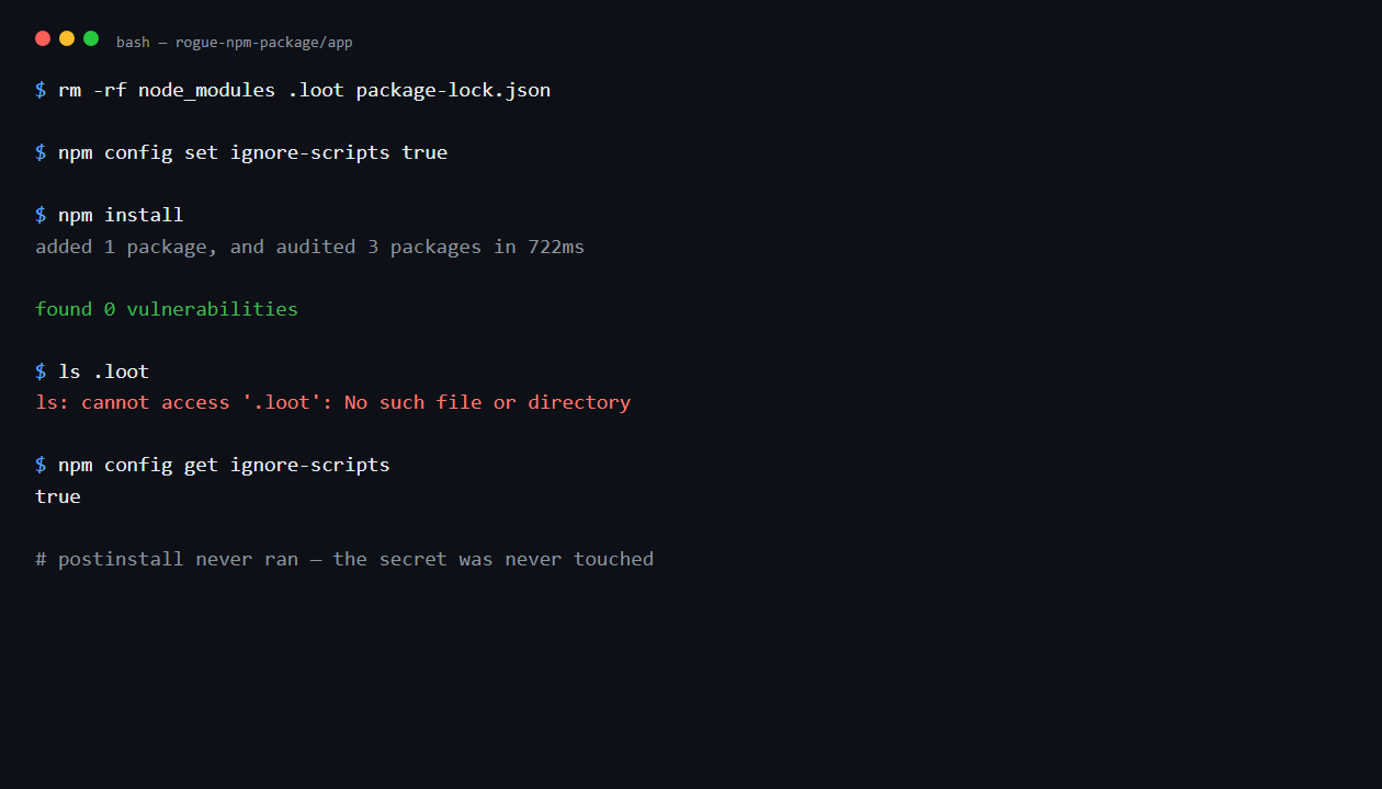 Catching a Rogue npm Package: Hands-On Software Supply Chain Security (OWASP A03:2025) 6 with ignore-scripts enabled, the postinstall hook never runs and no secret is touched