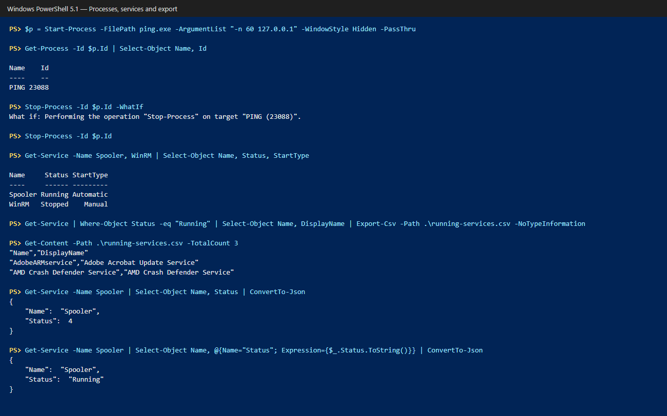 PowerShell from Basics: Essential Commands 6 Starting, inspecting and stopping a process by PID, then exporting service data