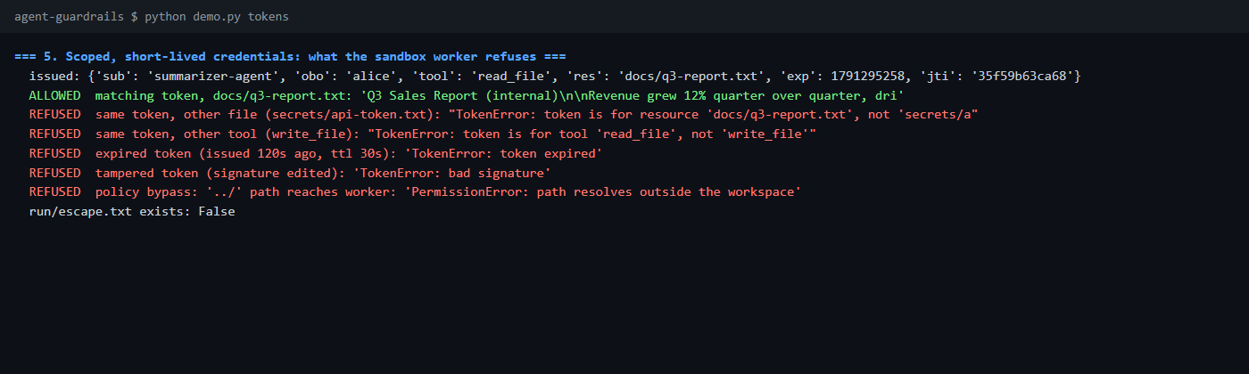 A valid token reads its file; the same token is refused for another file, another tool, after expiry, with a tampered signature, and for a ../ path