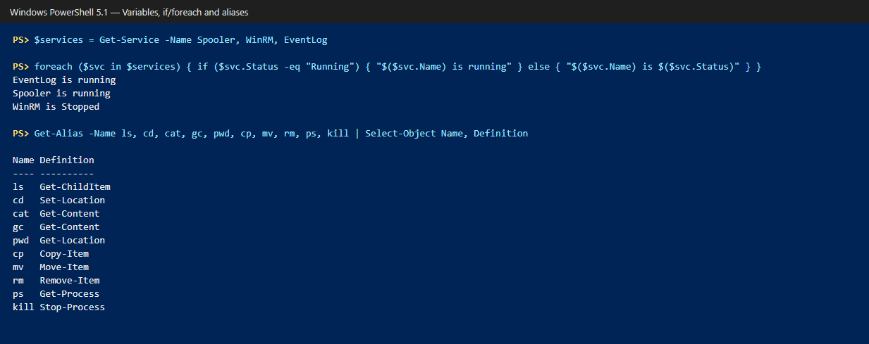 PowerShell from Basics: Essential Commands 7 Variables, a foreach/if loop, and alias mappings