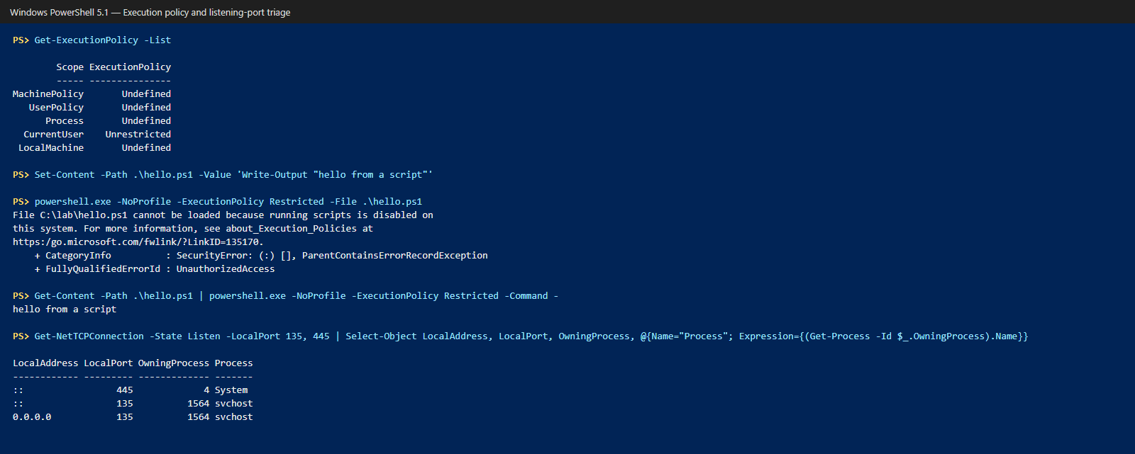 PowerShell from Basics: Essential Commands 8 Execution policy blocks the file but not the piped content; listening ports mapped to processes