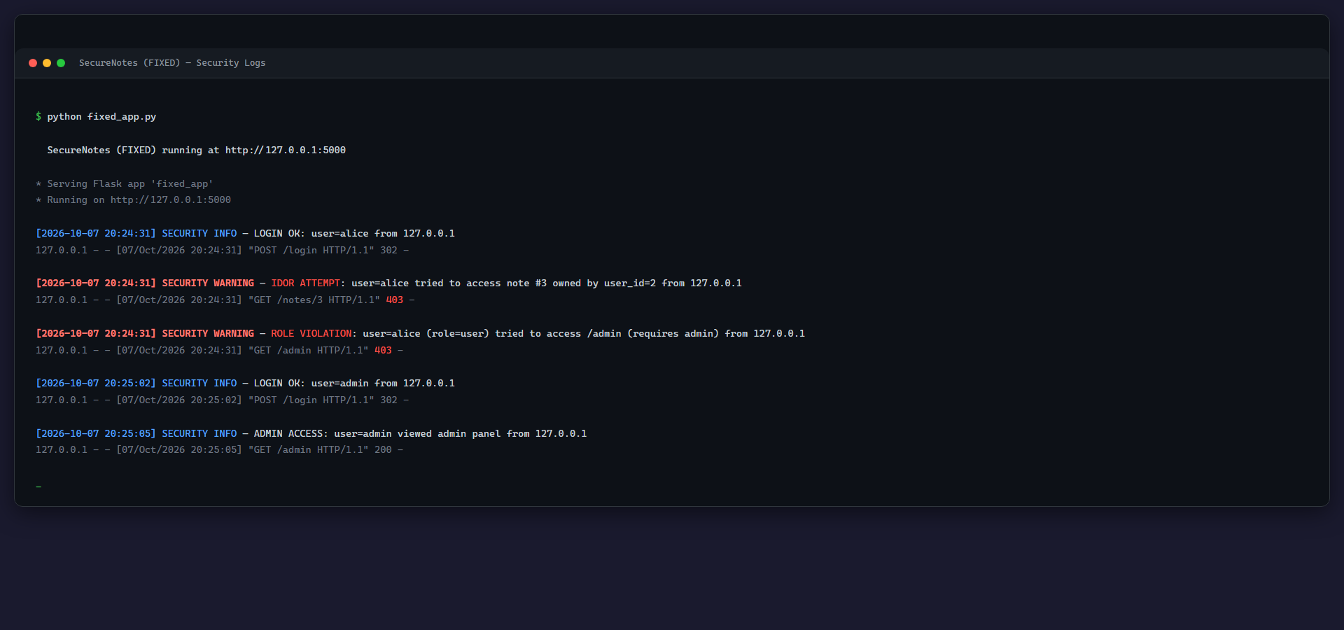 Security logs showing IDOR attempts and role violations in the terminal